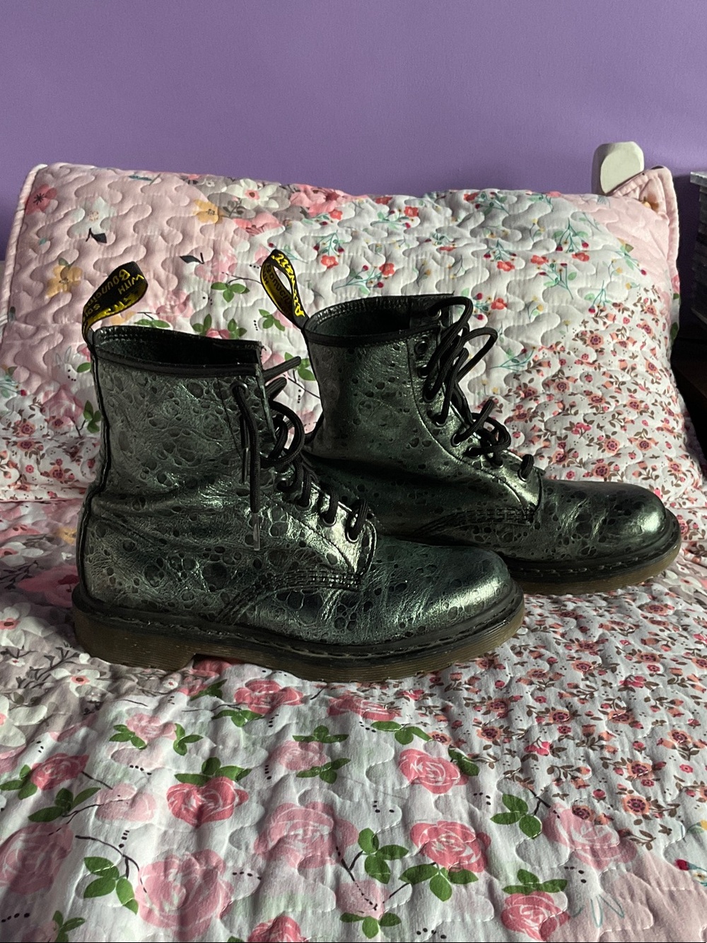 Dr. Martens Metallic Black Croc-Embossed Combat Boots DISCONTINUED